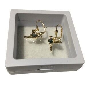 Gold Laminated Hummingbird Earrings Dangle DropGreen Rhinestone Leverback Women'